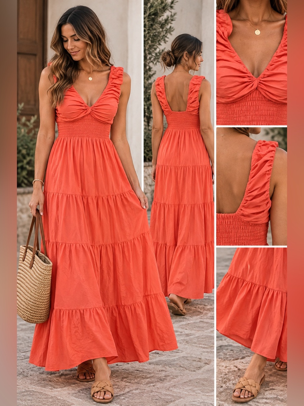 NWT Skies are Blue Tiered Maxi Dress in Coral Size Medium